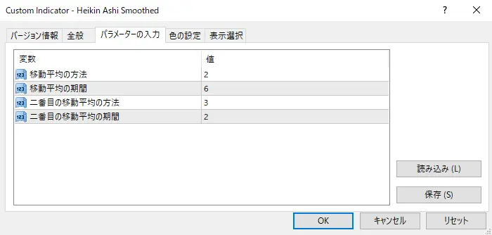 平均足Smoothdパラメーター画面