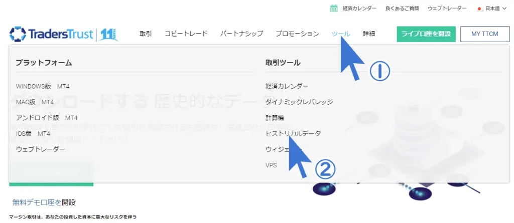 TradersTrust_ヒストリカルデータのダウンロードページ